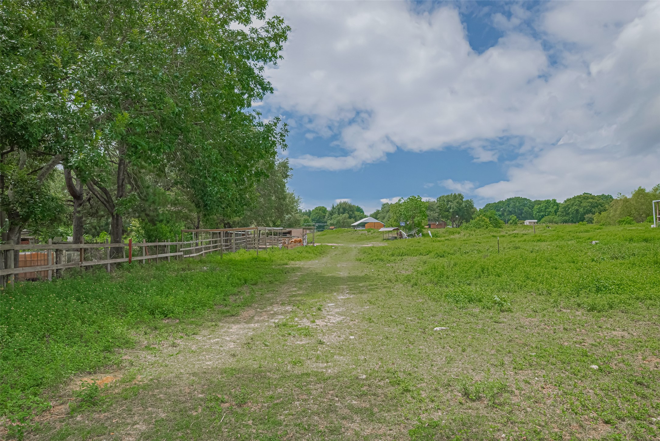 35535 Windmill Road Hempstead, TX 77445 - Photo 16 of 41 This photo shows a spacious rural property with a grassy path leading through open fields. There are trees and fencing on the left, providing a sense of privacy and natural surroundings. In the distance, several small structures are visible, adding to the rustic charm. The sky is partly cloudy, offering a serene and peaceful atmosphere.