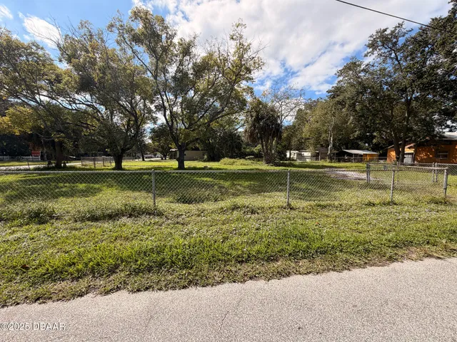 a view of a park with large trees