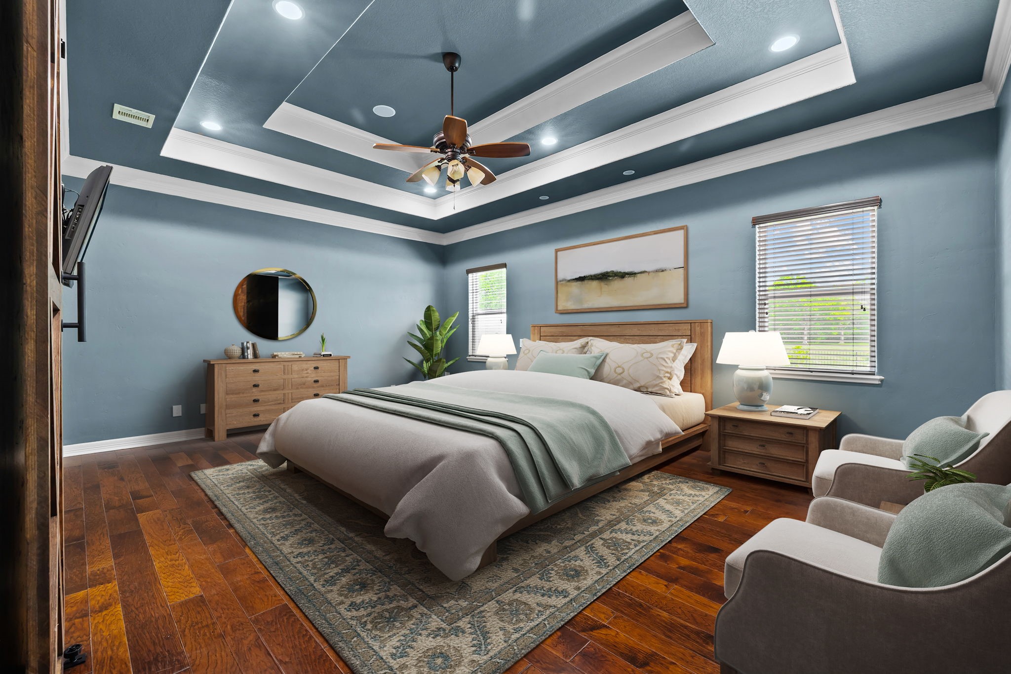 6410 Old Chocolate Bayou Road Manvel, TX 77578 - Photo 35 of 49 Spacious primary bedroom
featuring elegant hardwood
floors, tray ceiling with recessed
lighting, and ample natural light
from multiple windows. *Virtually Staged