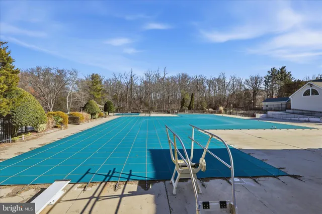a view of a tennis ground with trees in the background