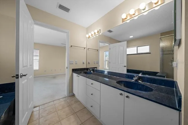 a spacious bathroom with a granite countertop sink a mirror and shower