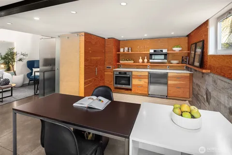 a view of a dining room with furniture