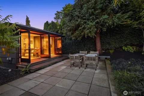 an outdoor space with seating