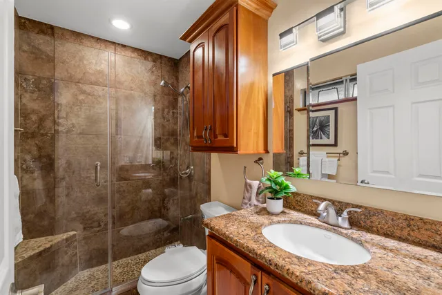 a bathroom with a granite countertop sink a toilet a mirror and shower