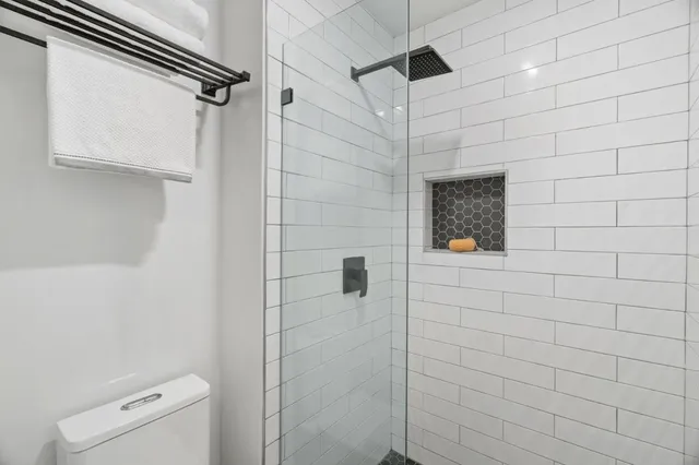 a bathroom with a shower and a toilet
