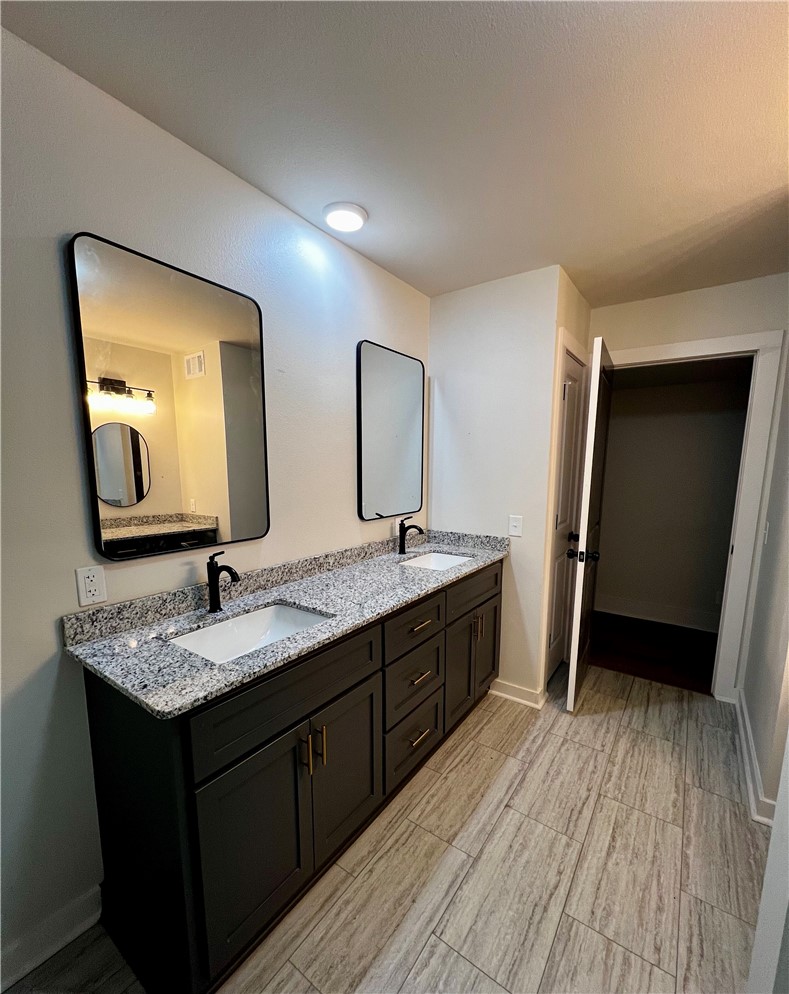 213 Carter Road Pottsville, AR 72858 - Photo 13 of 41 Double vanity featuring a granite countertop with integrated sinks and matte black fixtures