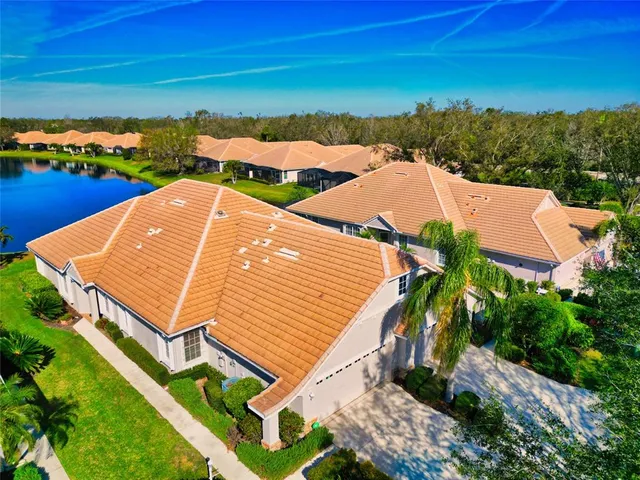 a aerial view of a house with a yard and potted plants