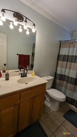 a bathroom with a sink a toilet a mirror and shower