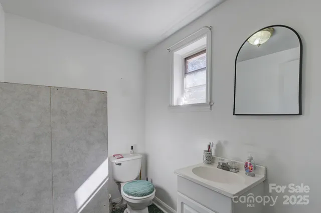a bathroom with a toilet a sink and mirror