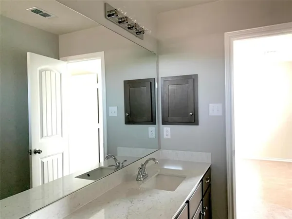a bathroom with a sink and a large mirror