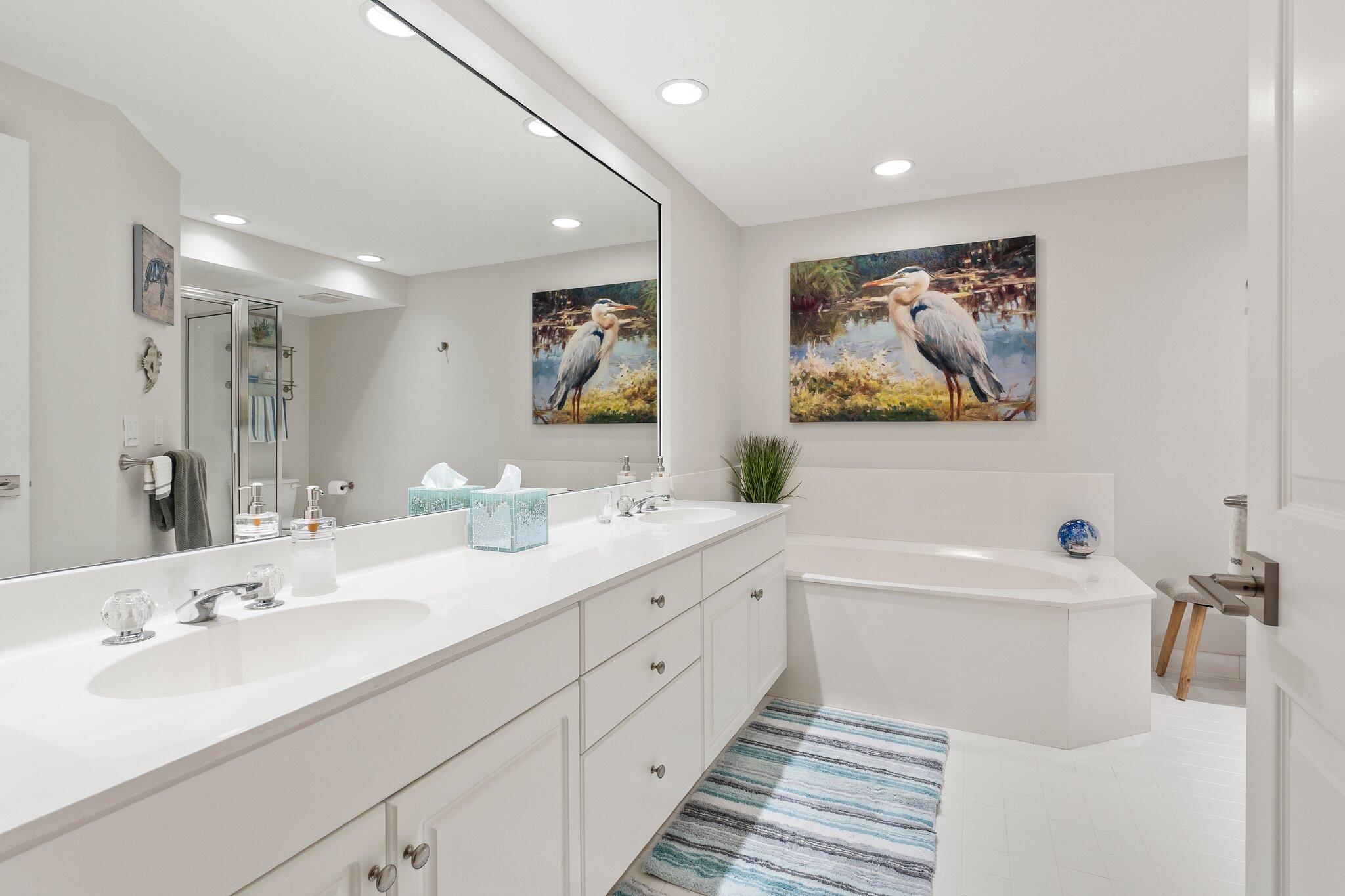 a bathroom with a double vanity sink mirror and bathtub
