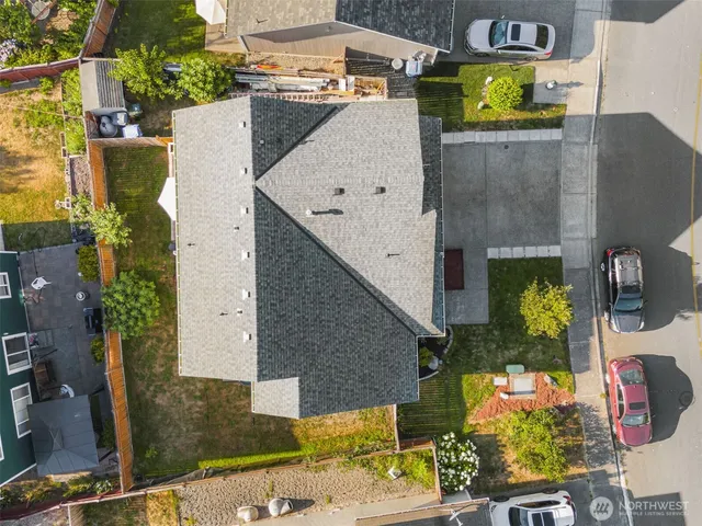 aerial view of a house with swimming pool