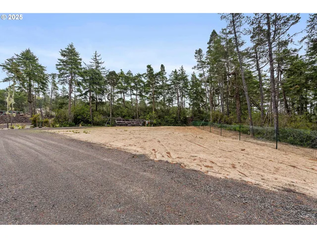 a view of dirt yard with trees