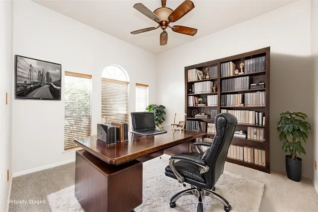 a view of a workspace with furniture and a potted plant