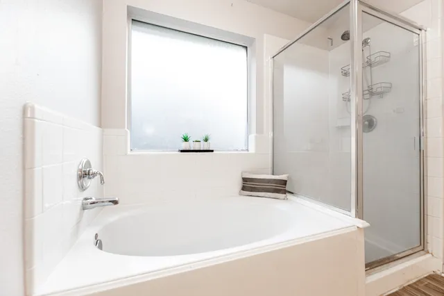 a bathroom with a bathtub and a shower