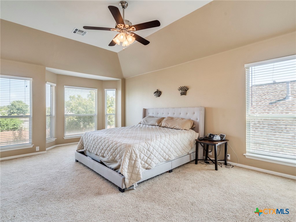125 Sweet Gum Drive Kyle, TX 78640 - Photo 17 of 31 a spacious bedroom with a bed painting on wall and a large window