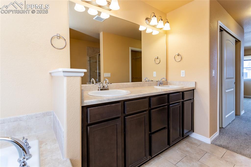 7160 Red Cardinal Loop Colorado Springs, CO 80908 - Photo 14 of 49 a bathroom with a double vanity sink and a mirror