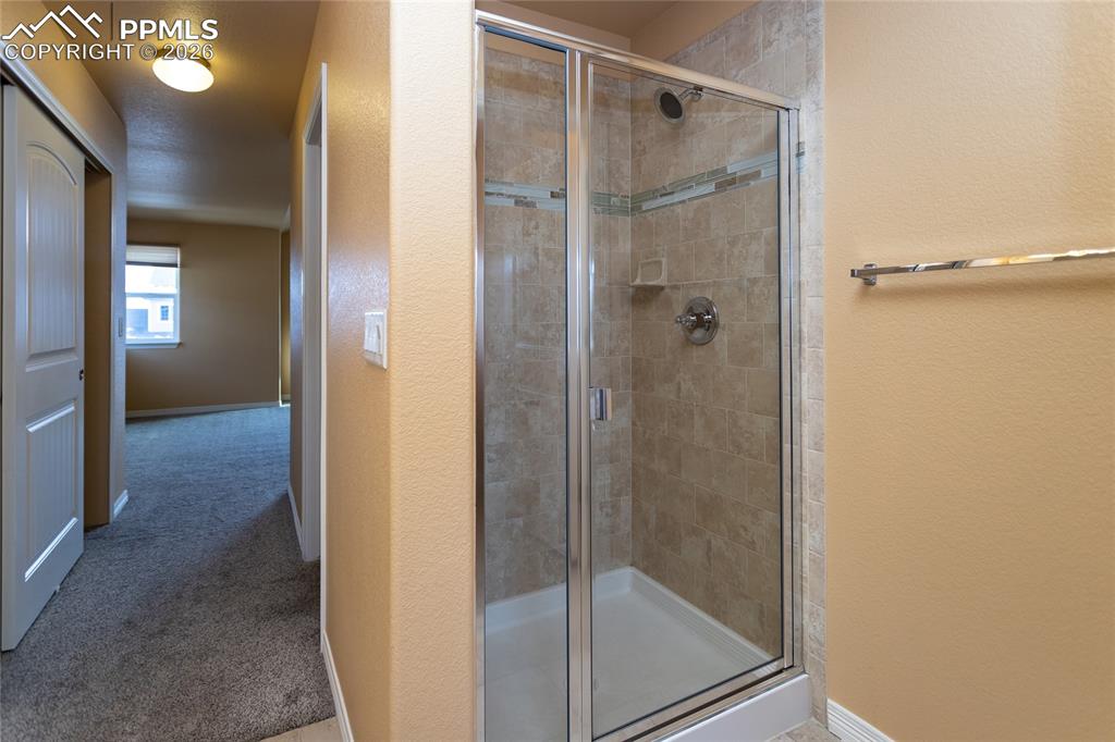 7160 Red Cardinal Loop Colorado Springs, CO 80908 - Photo 15 of 49 a bathroom with a glass shower door