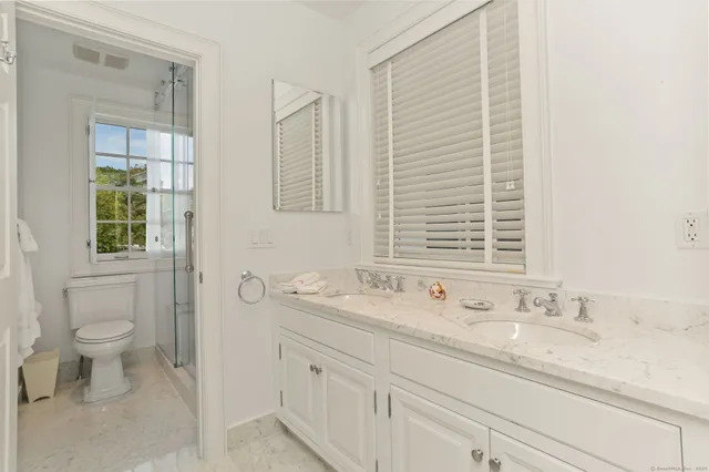 a bathroom with a granite countertop sink a toilet and a mirror