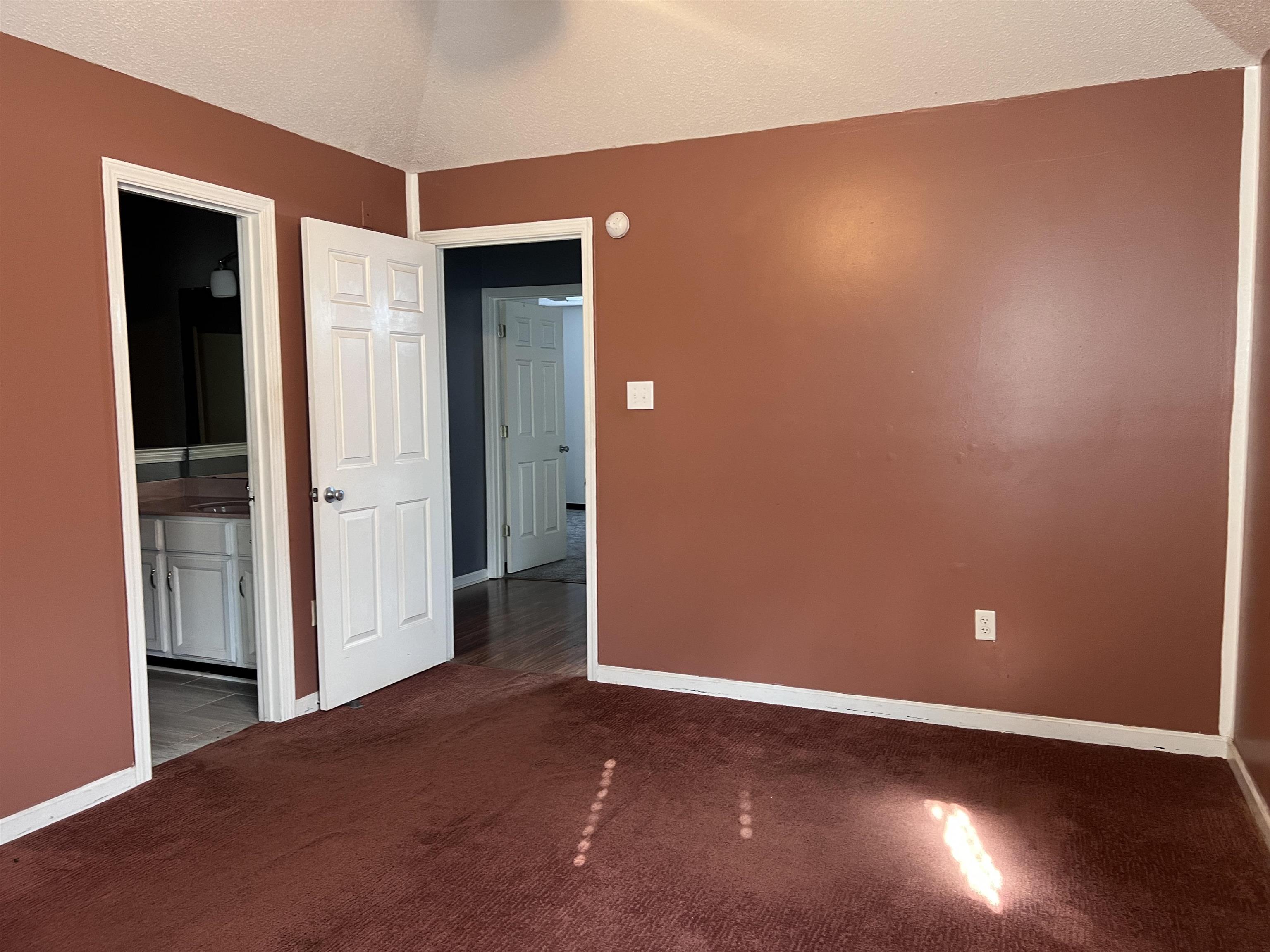 4005 Long Creek Road Memphis, TN 38125 - Photo 25 of 36 Vaulted ceiling, ceiling fan, white paneled doors, white trim, and a built-in vanity with a countertop