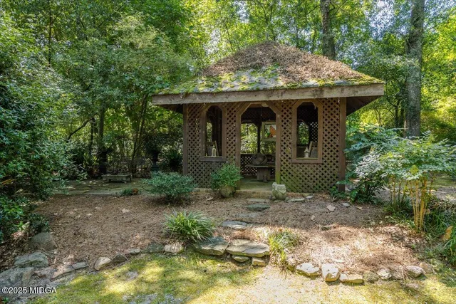 a view of a yard with plants and large trees