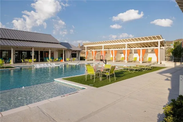 a view of a park with large trees