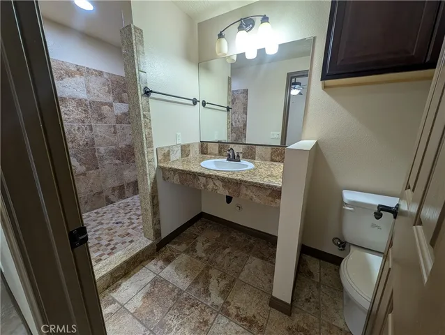a bathroom with a double vanity sink toilet and shower