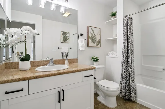 a bathroom with a shower and a toilet