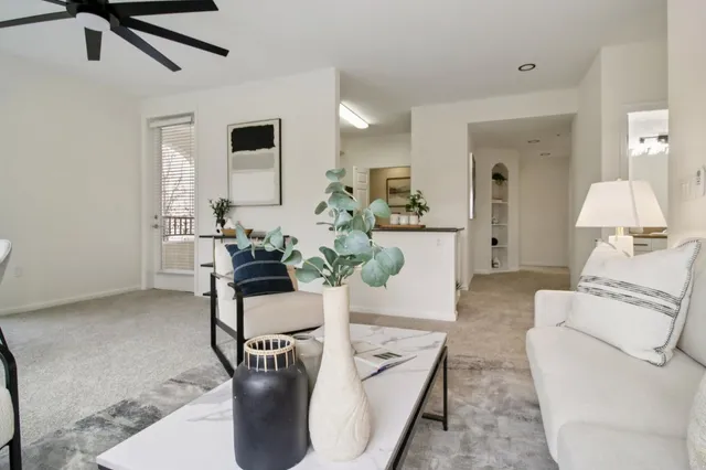 a living room with furniture and a potted plant