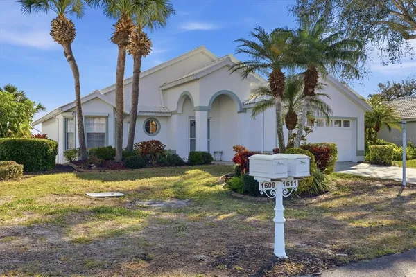 a front view of a house with yard and palm tree