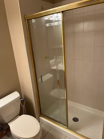a bathroom with a shower and toilet