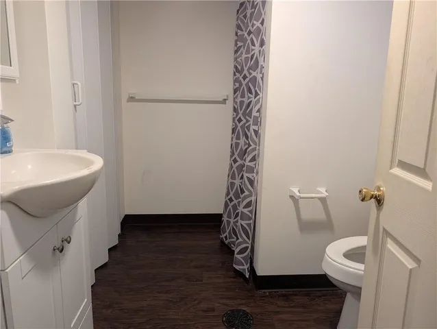a bathroom with a sink a toilet and shower curtain