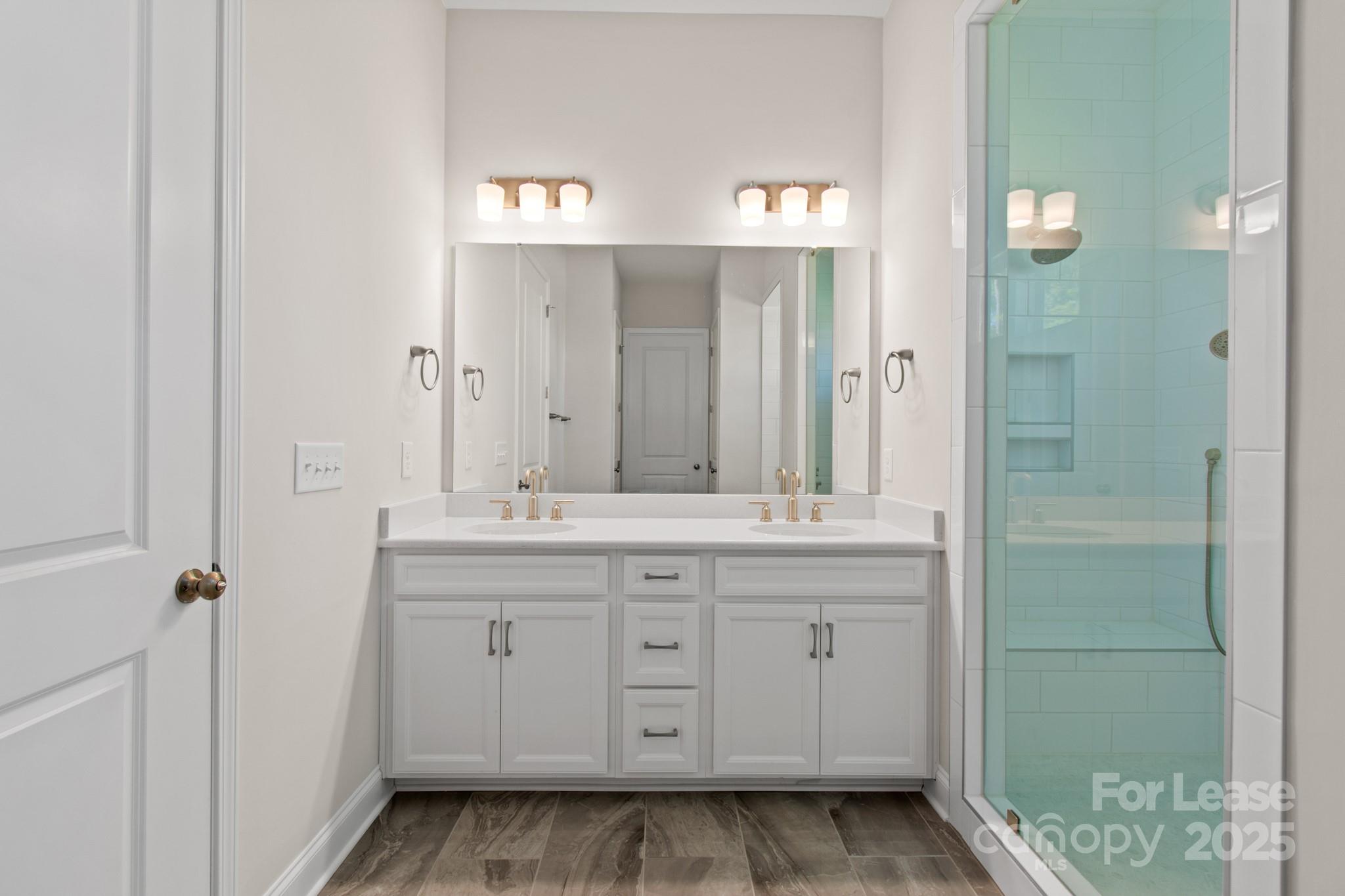 17118 Sand Bank Road Charlotte, NC 28278 - Photo 21 of 37 a bathroom with a granite countertop sink a mirror and a shower
