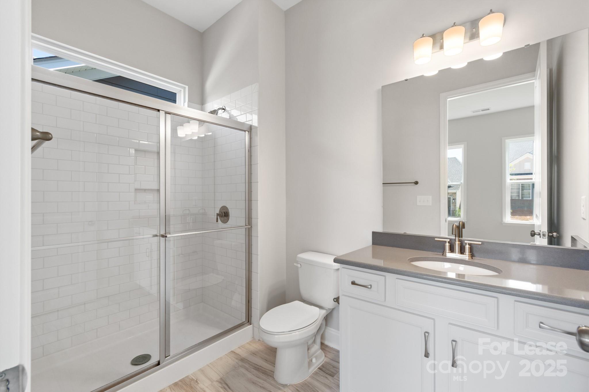 17118 Sand Bank Road Charlotte, NC 28278 - Photo 4 of 37 a bathroom with a granite countertop sink toilet and shower