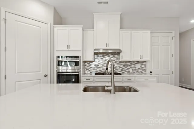 a kitchen with kitchen island a sink a stove and cabinets