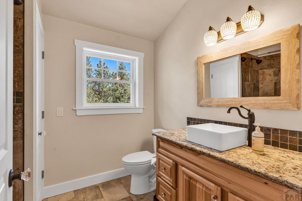 10 Robert Road Rye, CO 81069 - Photo 46 of 102 a bathroom with a granite countertop sink and a mirror