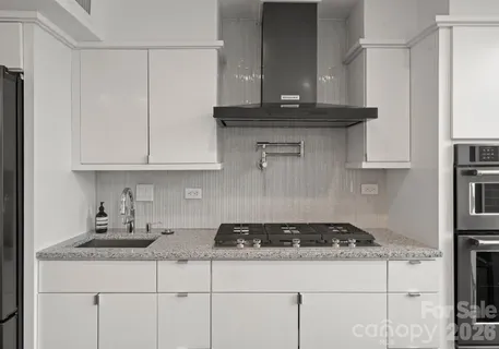 a close view of a stove a microwave and cabinets