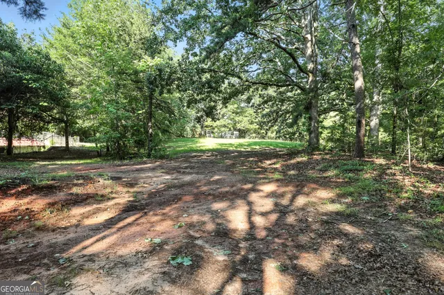 a view of outdoor space with trees all around