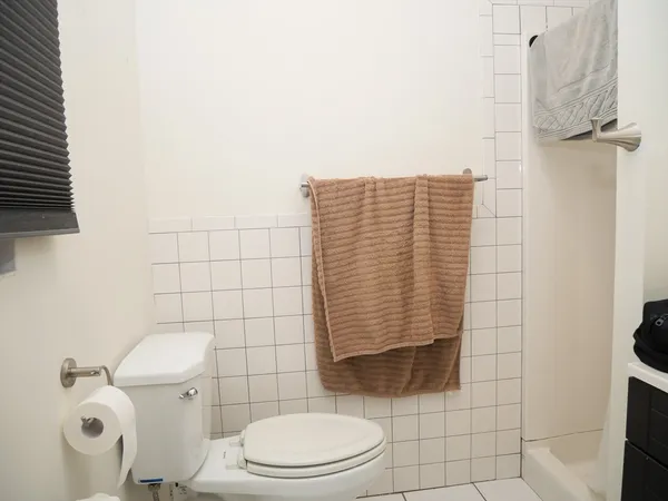 a bathroom with a toilet and a shower