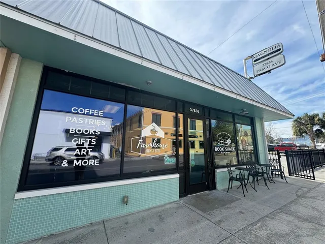 a view of a building with a street