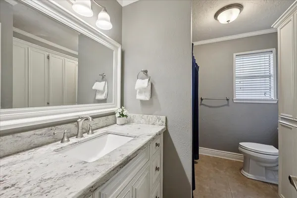 a bathroom with a granite countertop sink a toilet and a mirror