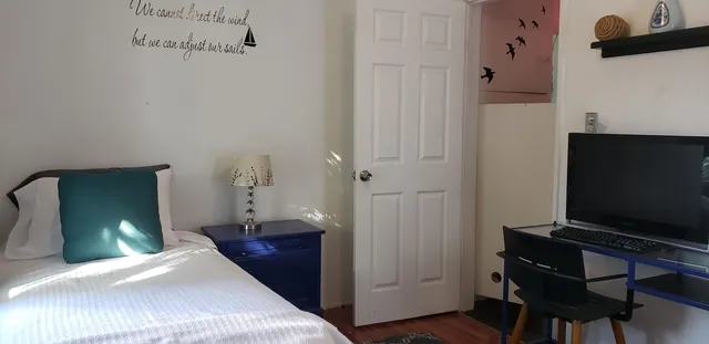 a bedroom with a bed and a flat tv screen