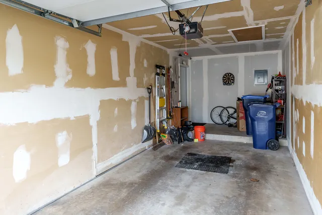 a view of a porch with a garage