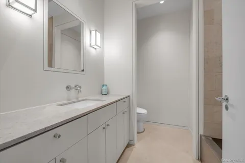a bathroom with a sink a toilet and a mirror