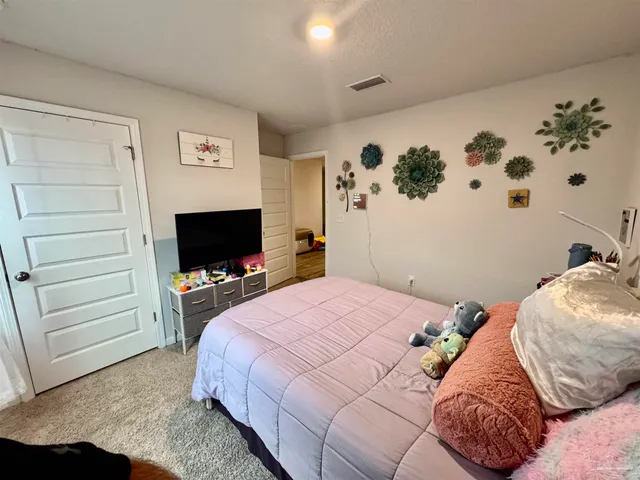 a bedroom with a bed and a television
