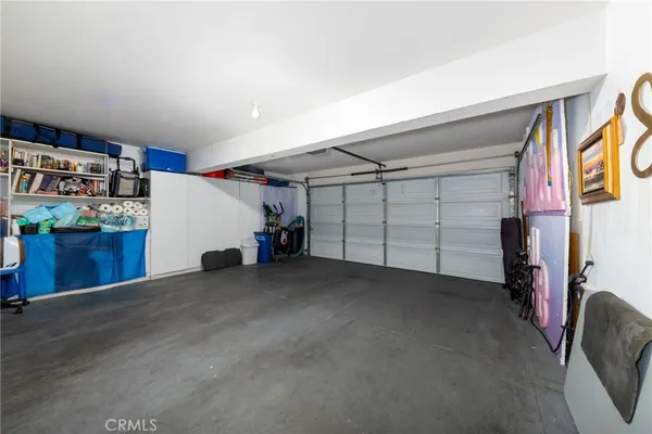 a view of a garage with storage