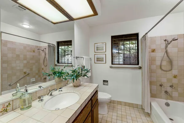 a bathroom with a granite countertop shower a sink and a mirror