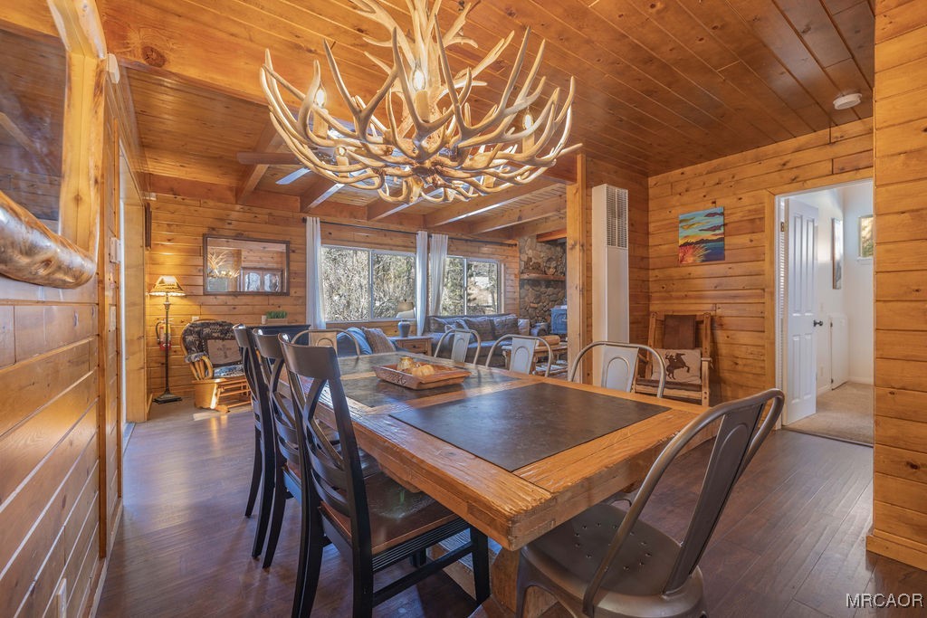 43411 Sheephorn Road Big Bear Lake, CA 92315 - Photo 8 of 50 a dining room with furniture a chandelier and wooden floor