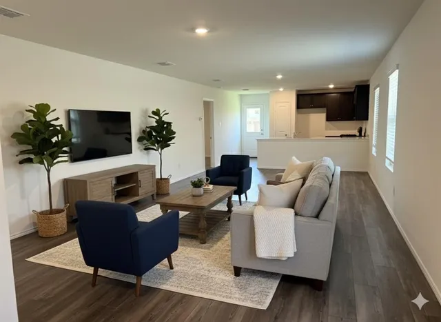 a living room with furniture a flat screen tv and a fireplace