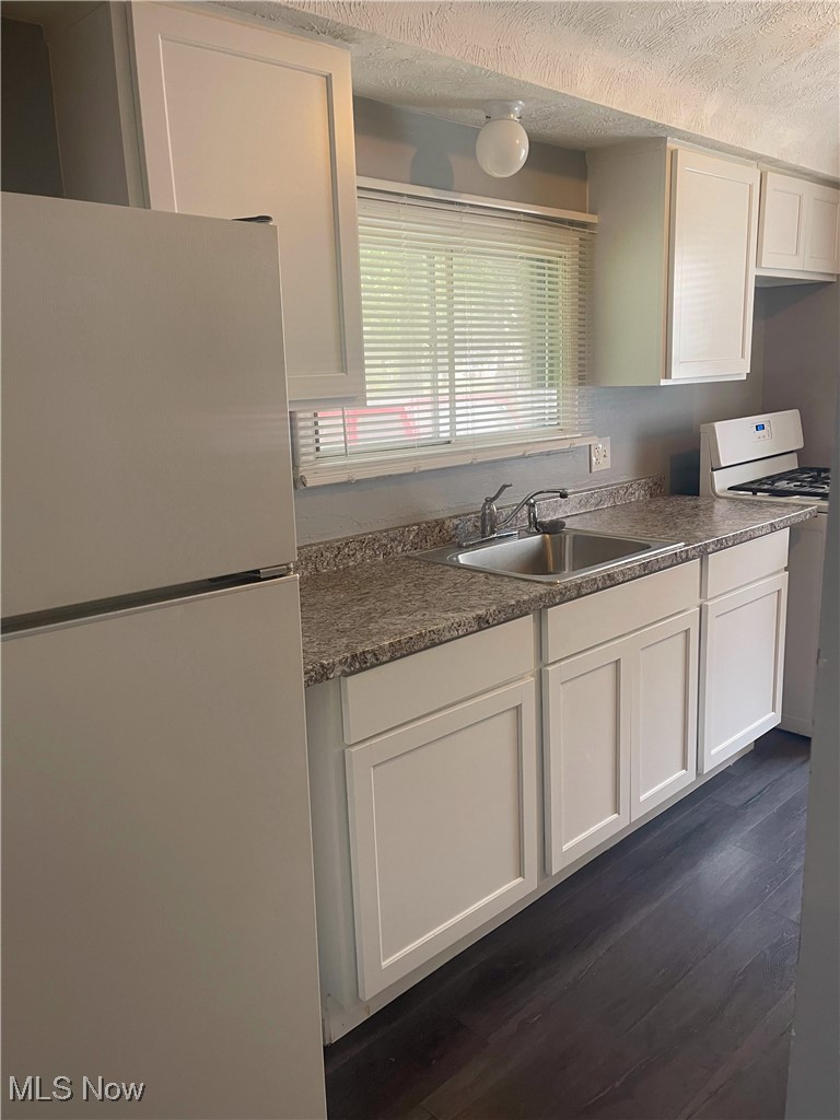 1053 Inman Street Akron, OH 44306 - Photo 5 of 17 Kitchen featuring sink, white appliances, white cabinetry, and dark hardwood / wood-style flooring